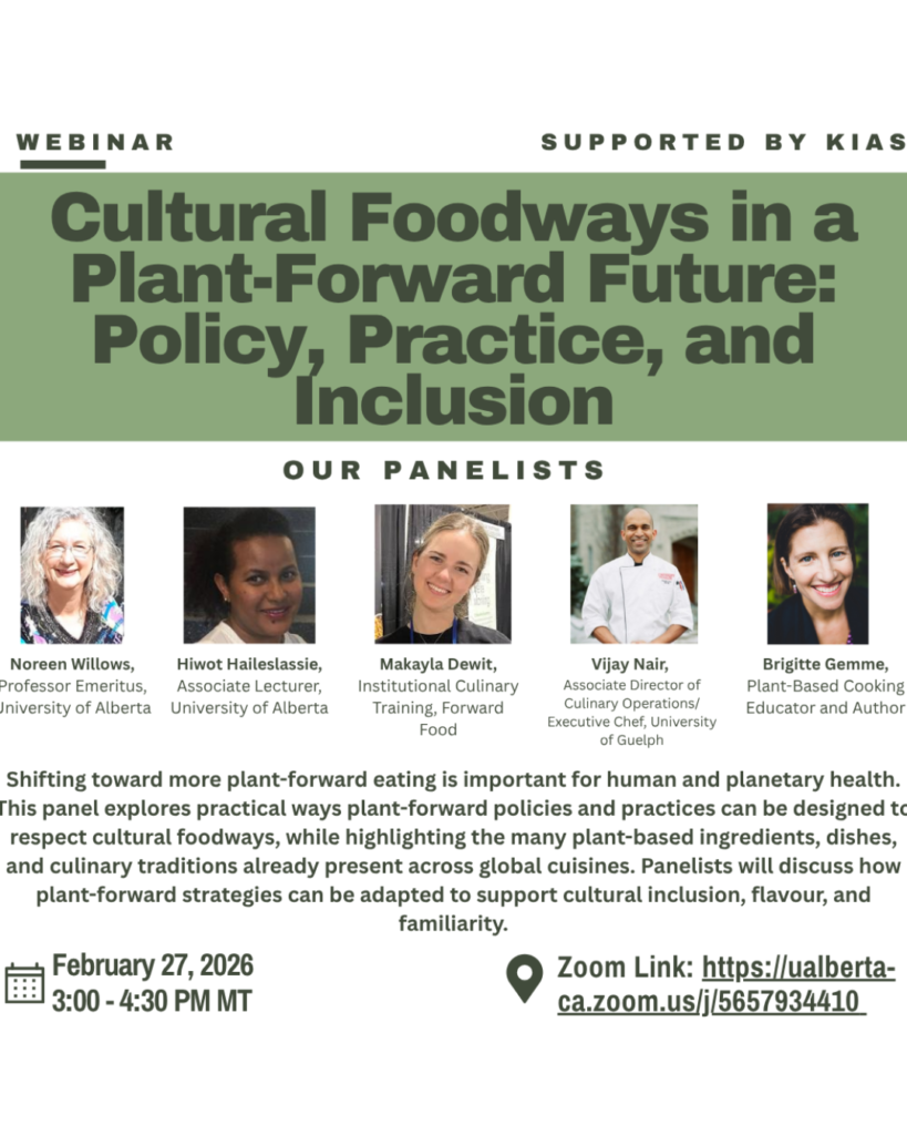 Poster for a webinar titled 'Cultural Foodways in a Plant-Forward Future: Policy, Practice, and Inclusion' with panelists and event details.