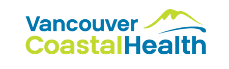 Vancouver Coastal Health logo with blue and lime text and a yellow mountain with a blue wave