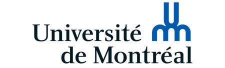 Université de Montréal logo with blue wordmark and abstract emblem on a dark background.